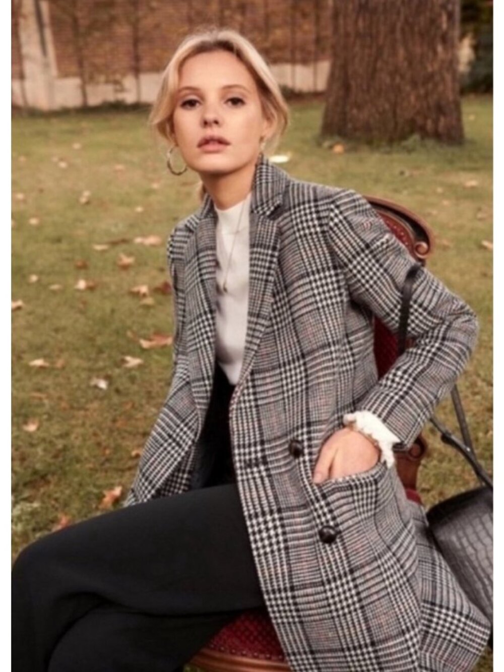 NWT Sezane Johnson Wool Coat peacoat plaid black red grey Size 40 US8bust39